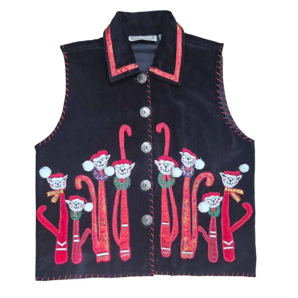 New Directions Vintage Black Velour Christmas Cat Sweater Vest Size Medium
